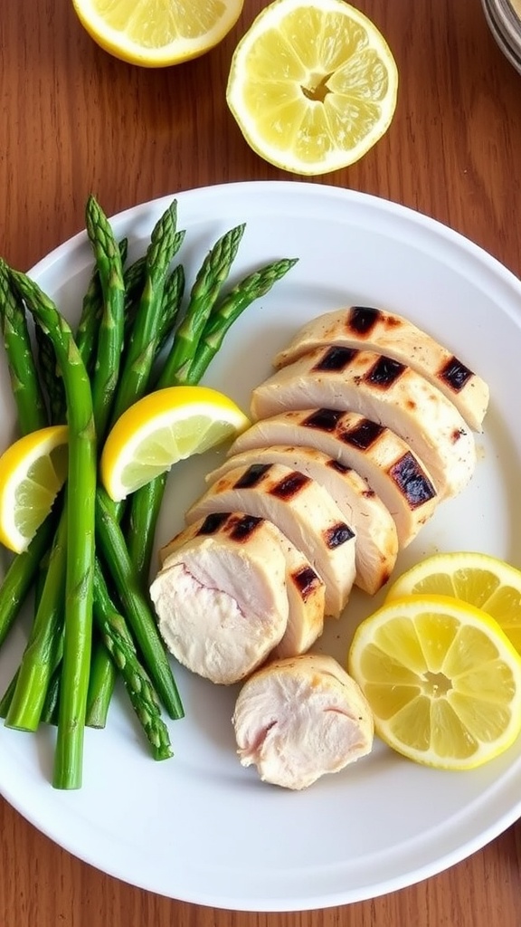Grilled chicken breast with asparagus and lemon wedges on a rustic table.